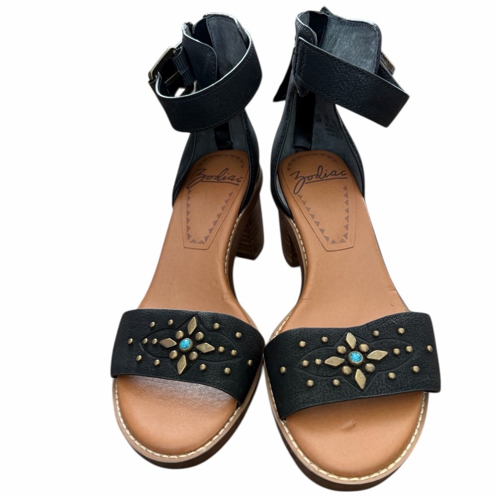 Black Leather Boho Festival Western Ankle Strap Heels - Picture 4 of 6